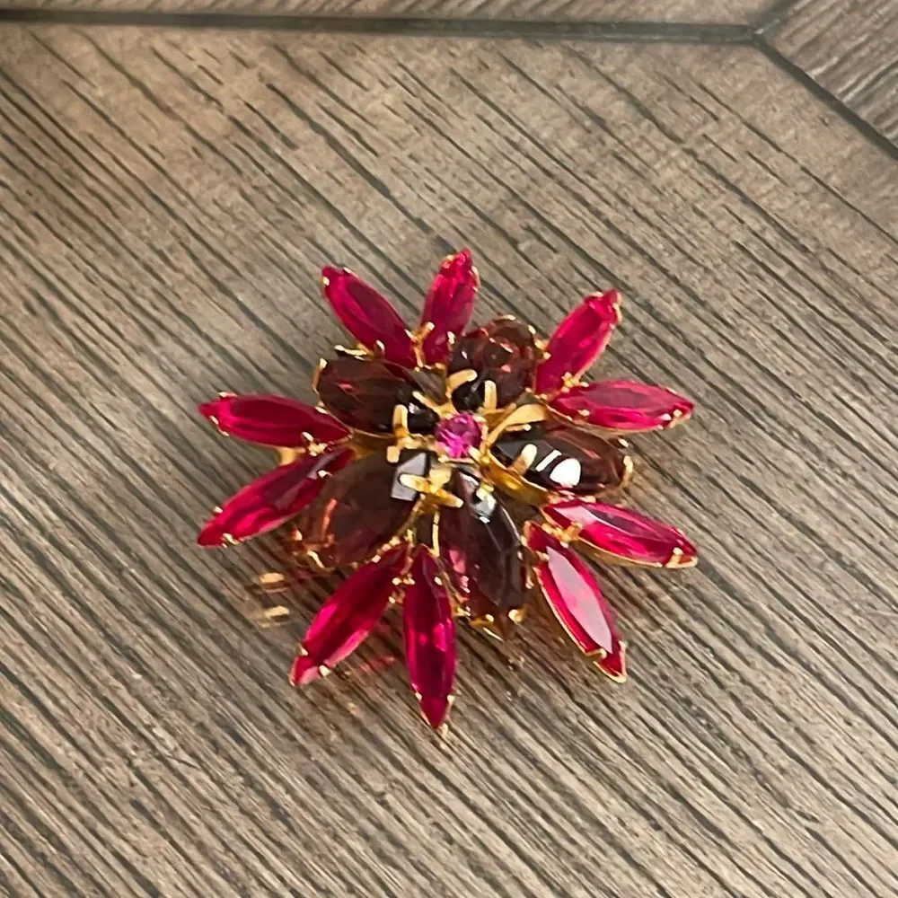 Vintage Floral Rhinestone Pin Red, Purple and Pin